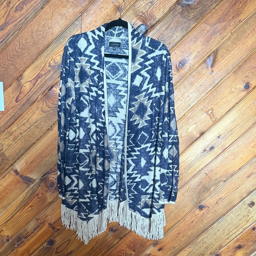 Lucky Brand Navy and Cream Aztec Fringe Open Cardigan